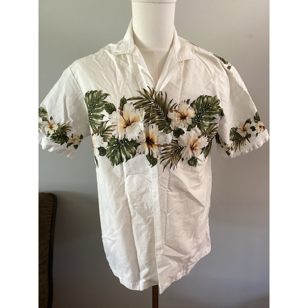 Vintage KY'S Hawaiian Shirt Men M White & Green Hibiscus Row 100% Cotton